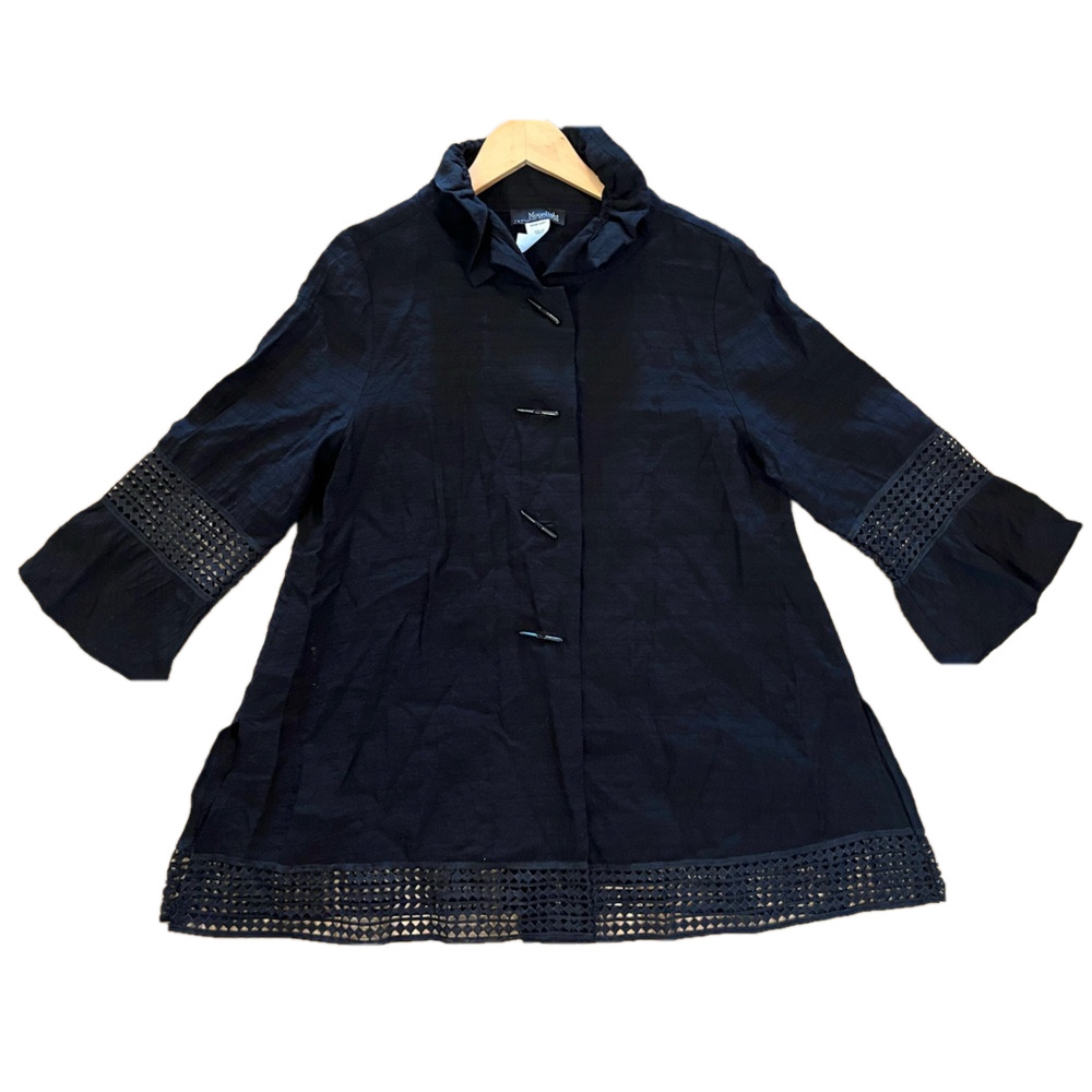 Moonlight Y & S Black Blouse Jacket Tunic Shirt Size S Lace Trim 3/4 bell sleeve